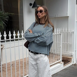 Detail of blue and brown striped long-sleeve T-shirt with a classic round neck collar