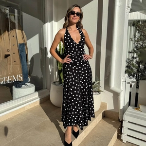 Sweet halter neck V-neck polka dot midi dress with backless pleated summer design