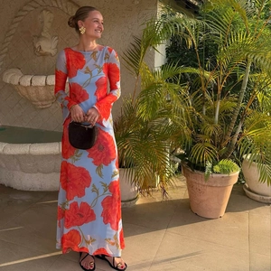 Elegant floral print long sleeve maxi dress in light blue mesh for stylish summer vacation wear
