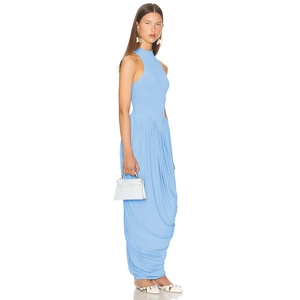 Detailed view of ruched draping on a light blue sleeveless slim-fit maxi dress
