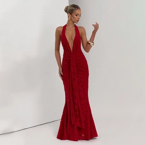 Elegant red halter neck deep V mermaid dress with textured floral patterns for summer