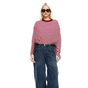 Close-up detail of the red and white striped pattern on this slim fit long sleeve T-shirt