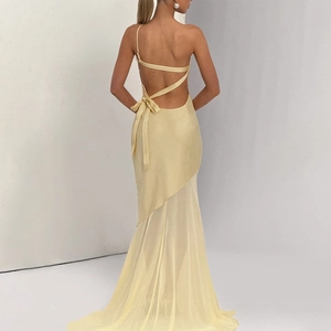 Women Sexy One Shoulder Backless Evening Maxi Dress Satin Mesh Patchwork Slim Fit Fishtail Party Gown Yellow White
