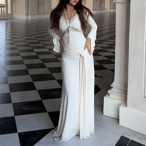 French Elegant White Lace V-Neck Long Sleeve Maxi Dress Slim Fit Flutter Sleeve Waist Tie Bodycon Gown For Wedding Party Women