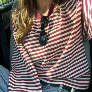 Women's classic red and white striped long sleeve round neck casual knit top