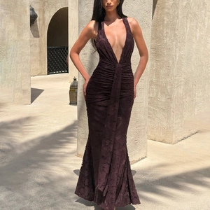 Sexy Halter Deep V Backless Maxi Dress Ruched Jacquard Knit Mermaid Party Evening Dress Elegant Night Club For Women