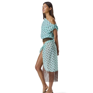 Polka dot one-shoulder crop top and matching fringe skirt set in mint green and brown
