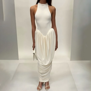Women Sexy Halter Neck Ruched Maxi Dress Sleeveless Bodycon Irregular Hem Solid Color Elegant Fashion Evening Party Long Dress