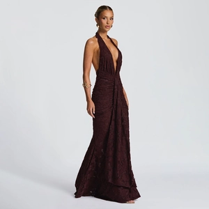 Elegant deep purple halter neck lace evening gown with deep V-neck and open back style