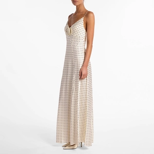 Boho μάξι φόρεμα σε κρέμα με πουά, λεπτές τιράντες και 3D floral λεπτομέρεια