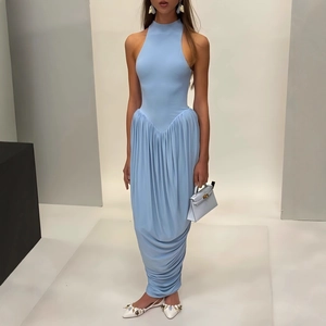 Sexy sky blue halter neck bodycon maxi dress with ruching detail and elegant draping