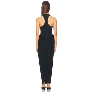 Elegant black slim fit sleeveless racerback maxi dress with ruched detail for women