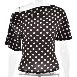Slim fit black polka dot off-shoulder t-shirt for women stylish summer casual top