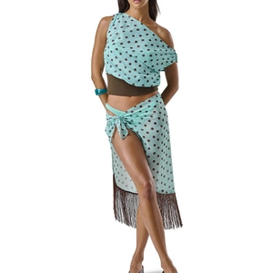 Women Sexy Polka Dot One Shoulder Sleeveless Top And Tassel Split Skirt Co-ords Holiday Chiffon Skirt Matching Outfit