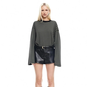 Detail of loose-fit striped long sleeve top with crew neck in black and army green colors