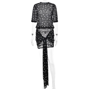 Black mesh polka dot two-piece dress with slim fit skirt and ribbon decoration