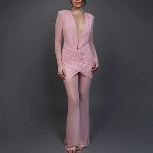 Sexy pink deep V-neck sheer mesh bodysuit with high waist pleated design for women