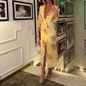 Women Sexy Deep V Neck Floral Print Chiffon Maxi Dress Quarter Sleeve Single Breasted High Slit High Waist Vacation Dress