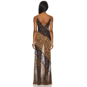 Robe longue léopard sans manches avec dentelle noire et design sexy à dos nu élégant