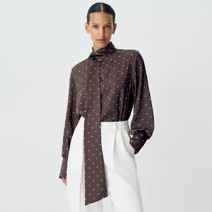 Elegant brown polka dot blouse with high tie collar and long sleeves for women