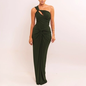 Robe longue asymétrique vert foncé scintillante avec nœud découpé et plis amincissants