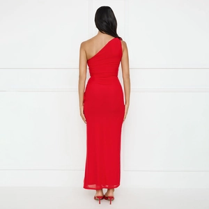 Elegant red one-shoulder bodycon maxi dress with ruched detail and high side slit