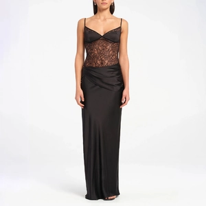 Elegant black evening gown with sheer lace bodice and draped satin maxi skirt for formal events