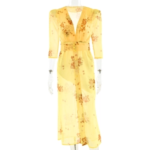 Elegant yellow floral chiffon maxi dress with deep V-neck and three-quarter sleeves