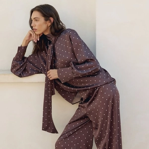 Polka dot long sleeve shirt with bow tie and matching wide-leg trousers in dark brown
