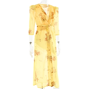 Detail showing sheer floral chiffon fabric with V-neckline and button-down waist on dress