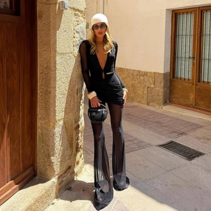 Women Sexy Deep V Neck Long Sleeve Jumpsuit Ruched Sheer Mesh High Waist Flare Leg Slim Fit Bodysuit Clubwear Party Romper