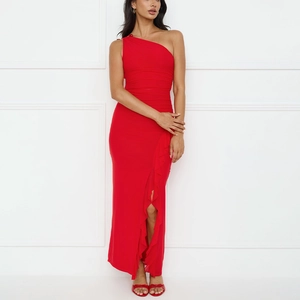 Elegant red one-shoulder maxi dress with ruched waist, side slit and ruffle hemline