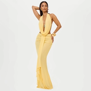 Women's 2 Piece Set Cowl Neck Ruched Halter Backless Top With Hip-Hugging Maxi Skirt Polyester Sexy Clubwear Outfit