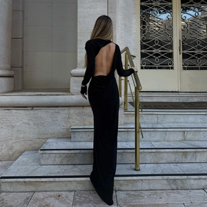 Women Sexy Open Back Long Sleeve Maxi Dress Solid Color Slim Fit Elegant Evening Party Dress Bodycon Long Robe