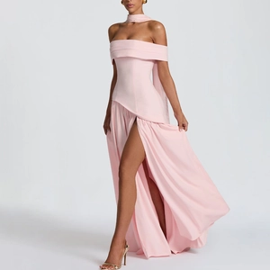 Women Sexy Bandeau Backless Maxi Dress High Slit Asymmetrical Pleated Evening Party Dress Polyester Spandex With Necktie