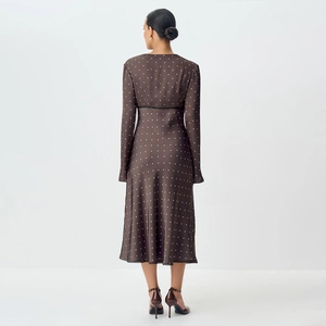 French vintage V-neck polka dot satin midi dress with elegant lace waist and long sleeves