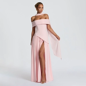 Pink strapless evening gown featuring elegant shoulder streamers and side slit details