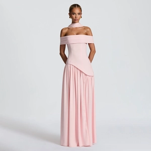 Elegant strapless pink evening gown with pleated waist detail and flowing silhouette
