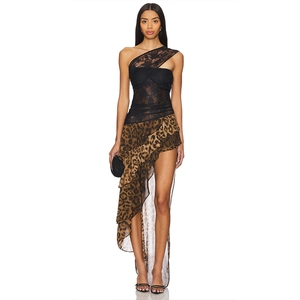 Sexy leopard print dress with lace bodice and asymmetrical ruffled hem for women