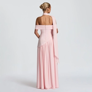 Elegant light pink tube backless maxi dress with stylish pleated drape and long sash