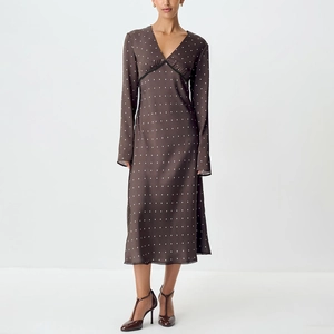 French Style Polka Dot Satin Maxi Dress For Women V Neck Long Sleeve Lace Trim Waist Slimming Elegant Party Dress