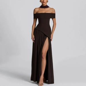 Brown strapless high-slit maxi dress with asymmetric pleated details and matching neck tie