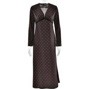 French style V-neck polka dot satin midi dress with waist lace trim for women