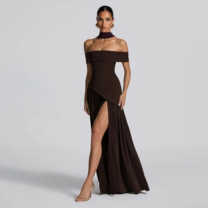 Detail of chocolate brown strapless maxi dress with asymmetrical choker and side slit
