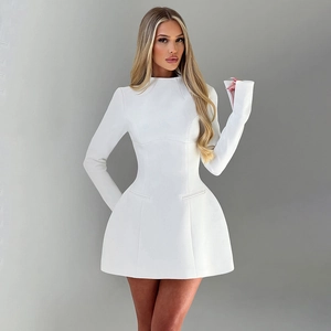 Elegant white slim-fit knit dress with long sleeves and flared skirt for party