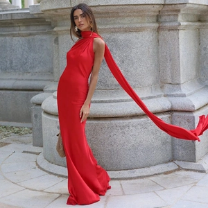 Elegant red satin bodycon maxi dress with neck streamer and mermaid silhouette