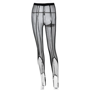 Sexy schwarze Netzleggings mit vertikalen Streifen und Seitenschlitzen für schmale Passform