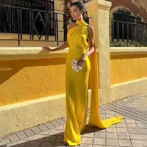 Elegant bright yellow one-shoulder satin dress with long streamers and slim fit design