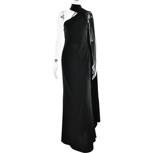 Elegant black one shoulder evening gown with flowing side streamers and slim fit design