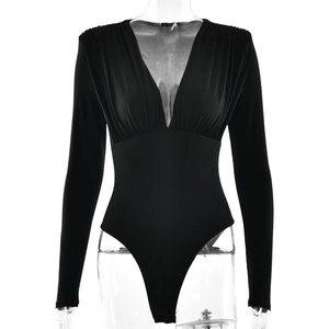 Slim fit black long sleeve bodysuit featuring a deep V-neck and ruched chest detail